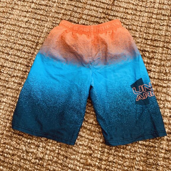 Under Armour Youth Boys YXL Swim Trunks Orange Blue Print Drawstring Longer - Picture 4 of 6